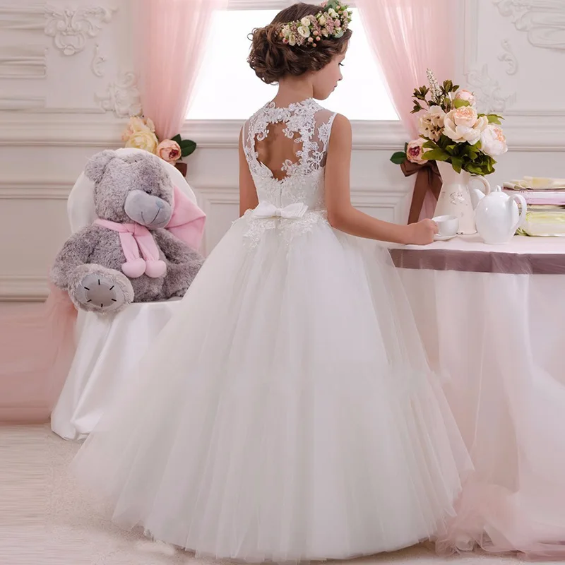 Кружевные вечерние Платья с цветочным узором и длинным шлейфом для девочек; платье принцессы для первого причастия; детская одежда; бальное платье для девочек; платья подружки невесты - Цвет: white
