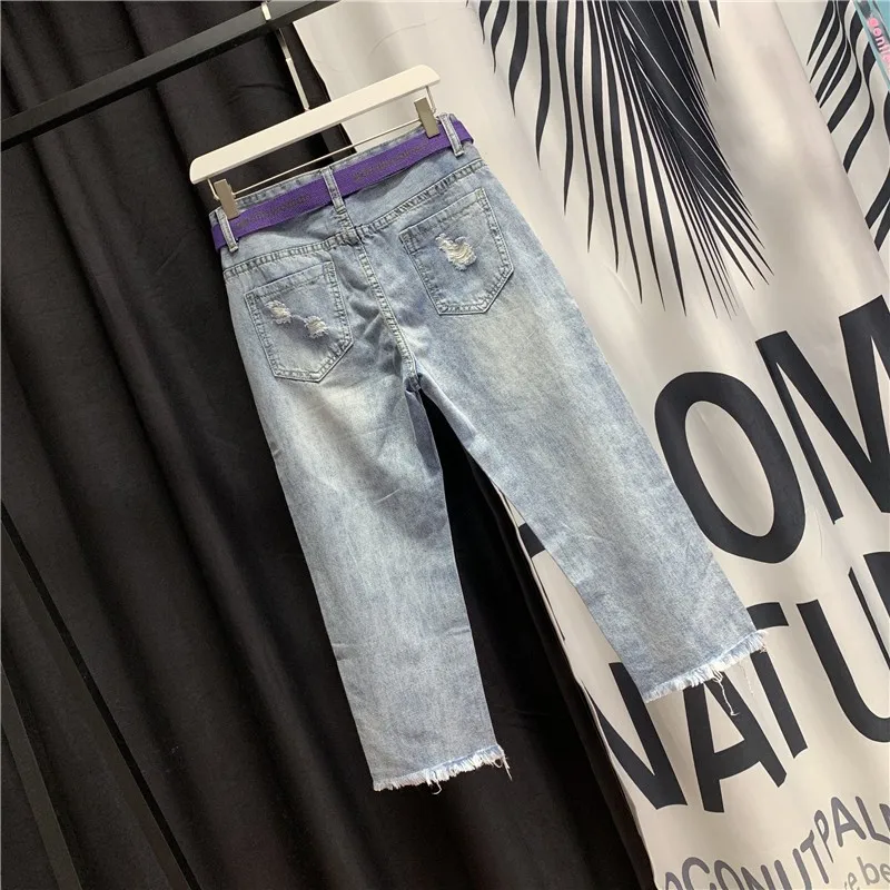 Летние новые тонкие джинсы модные женские прямые свободные брюки с высокой талией рваные бриллианты Печатные кисточкой женские