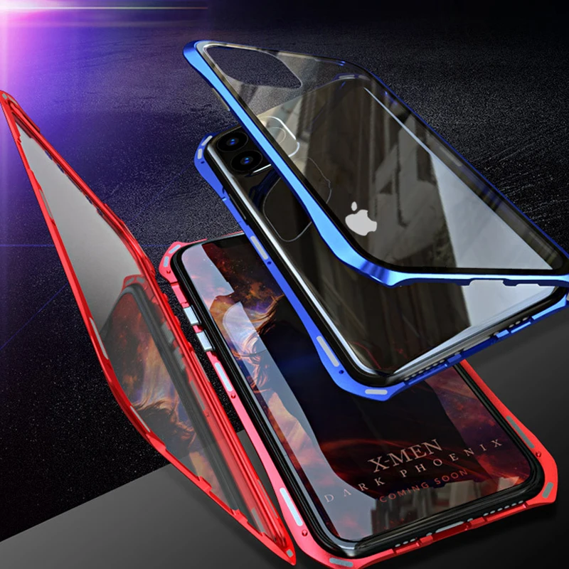 Двухсторонний задний+ передний стеклянный Магнитный чехол для Apple iPhone 11 Pro Max Роскошный Алюминиевый металлический бампер 360 Защитный чехол с петлей