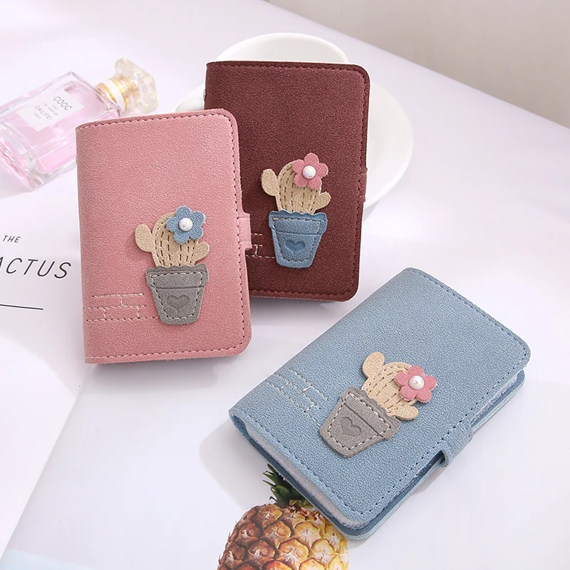 Cute Cactus Function 24 Bits Card Holder Case Bag New Top Matte Leather Women Girl Business Credit ID Passport Cover Card Wallet