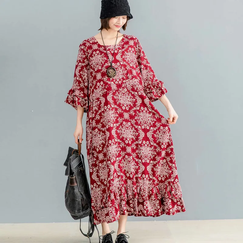 

2019 Spring Summer New Style WOMEN'S Dress National Wind Small Floral Cotton Linen Three-quarter-length Sleeve Dress Women's Dra