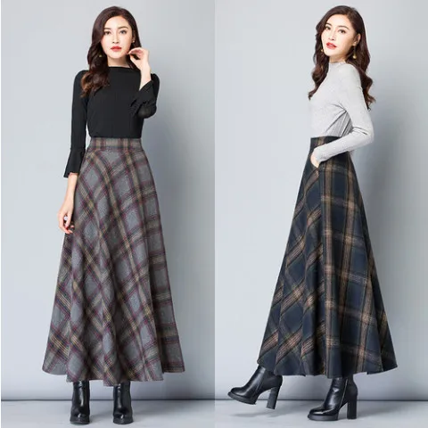 Темно-серый Faldas mujer moda, Длинная женская клетчатая юбка макси, осенне-зимняя женская юбка трапециевидной формы с высокой талией, винтажная шерстяная юбка fw625 - Цвет: Темно-серый