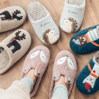 

2019 Winter Furry Warm Home slippers Women Animal Prints Faux Fur Memory insole female flat Plush Men&Women Indoor Floor shoes