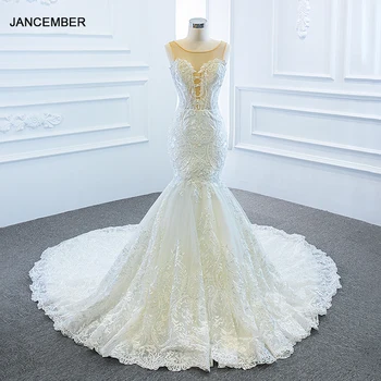 شراءJ66594 Jancمبر فساتين زفاف فاخرة حورية البحر للعروس رقبة دائرية بدون أكمام طول الأرض مع تراين Vestido De Festa Longo 2019