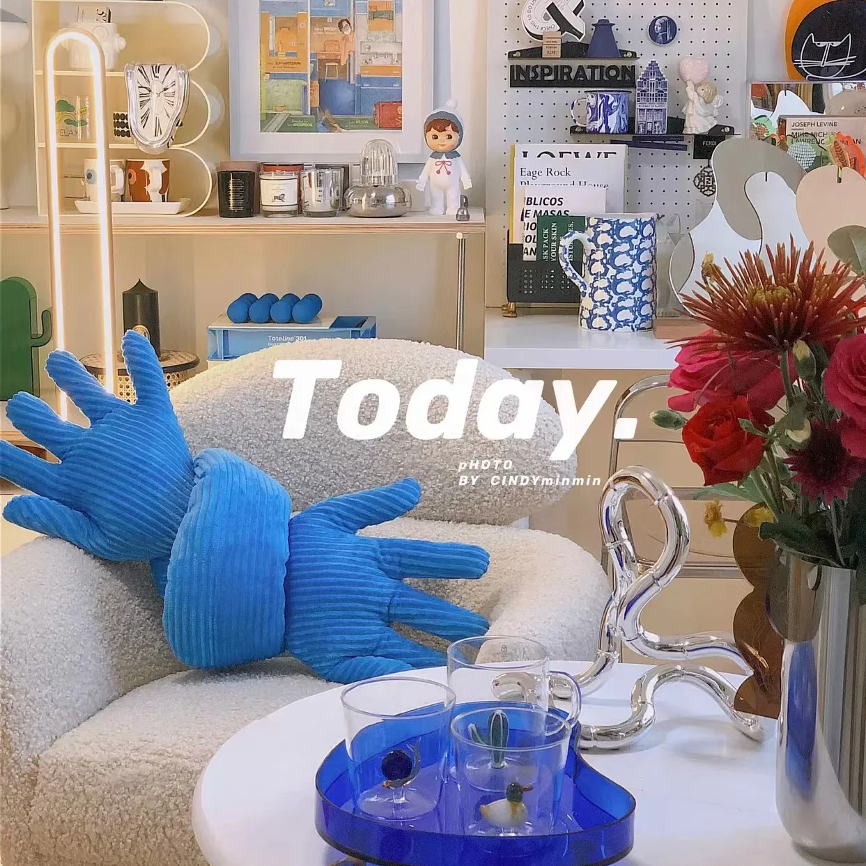 Blue Palm Hug Strip Pillow for Girls Sleeping Pillow Ins Wind Sofa