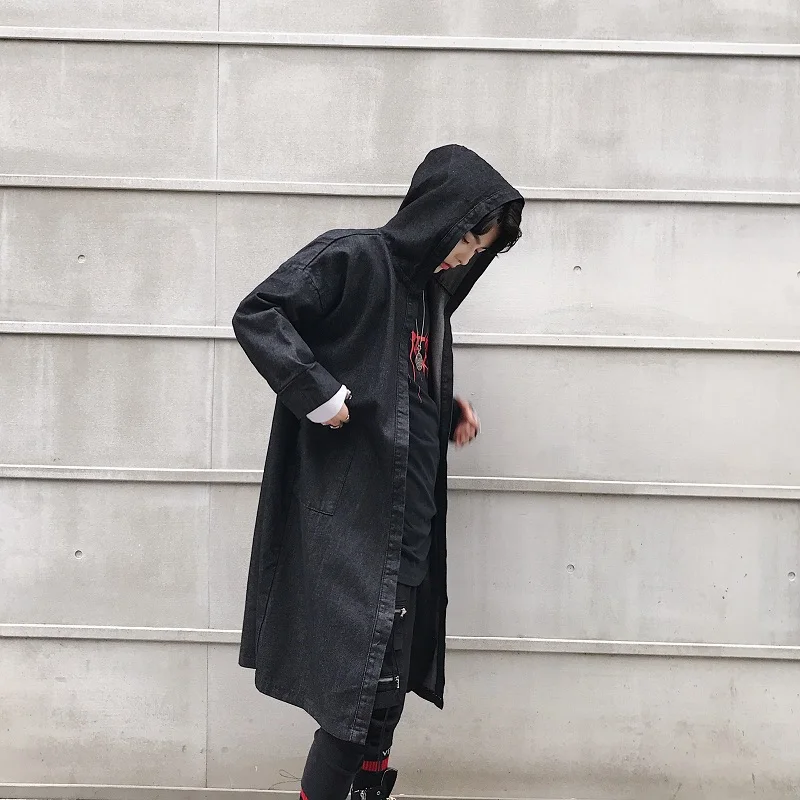 

2019 Hooded Hi Street Men's Long Denim Jacket Black Jean Jacket Spring Autumn Coat for Male