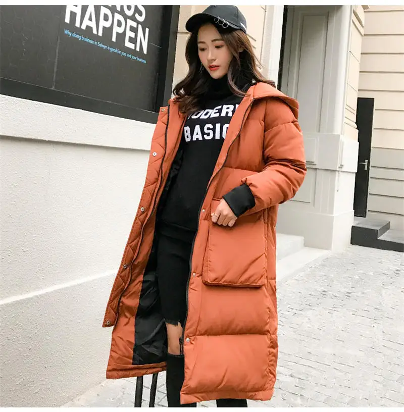 Oversize Down Cotton Coat Female Parka Loose Long Winter Jacket Women Clothing Pockets Student Hooded Jackets Women Padded Q2050 - Color: Caramel Parkas