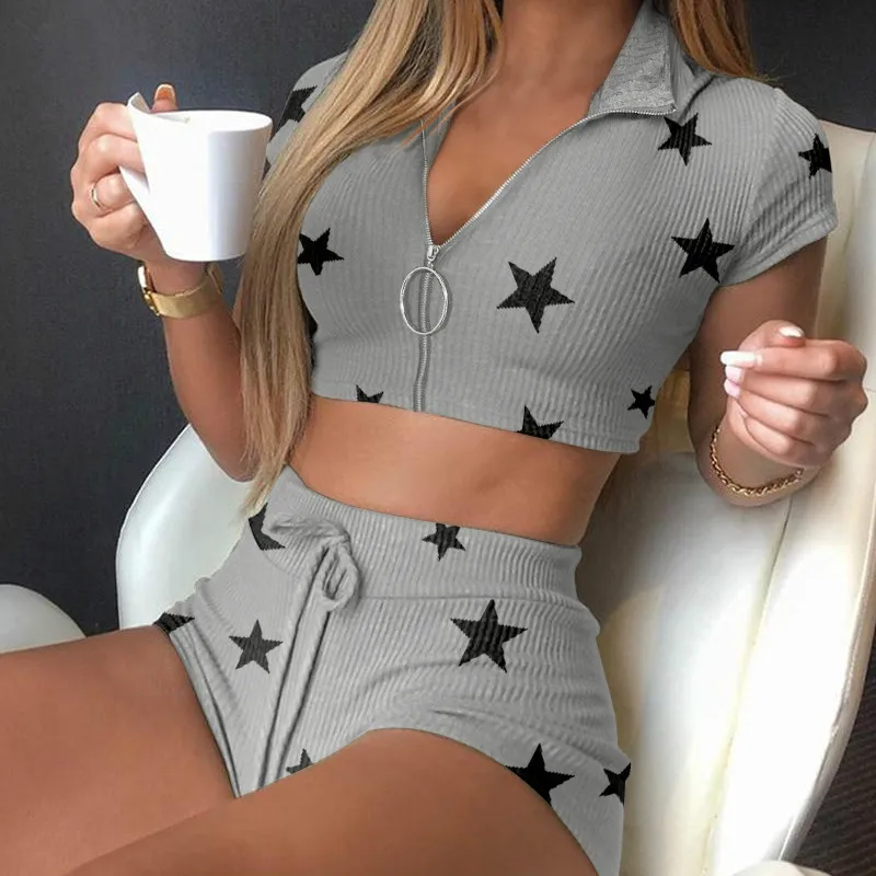Verano Casual mujeres Homewear 2 unids/set manga corta con cuello en V Slim camisetas Tops + pantalones cortos de cintura alta Mujer Deporte trajes de chándal