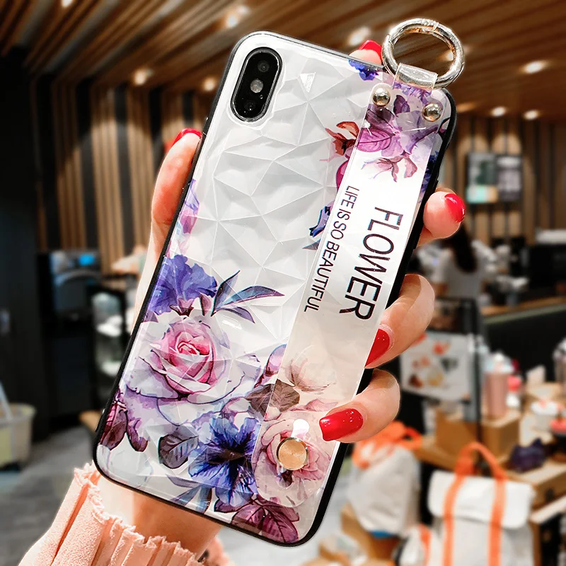 Diamond Texture Retro Flower Wrist Strap Case for Etui iPhone 8 Plus 6 6S 7 11 Pro Max Hard Phone Holder Cover for iPhone 11 XR