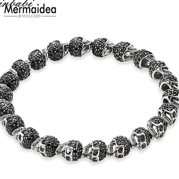 

Black Zirconia Paved Skulls Bead Bracelet Elastic Heart Bracelet silver plated Rebel Punk Jewelry for Men