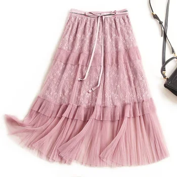 

Plus size women black skirt summer 2020 elastic waist ruffles bow tie front mesh patchwork lace skirts pink