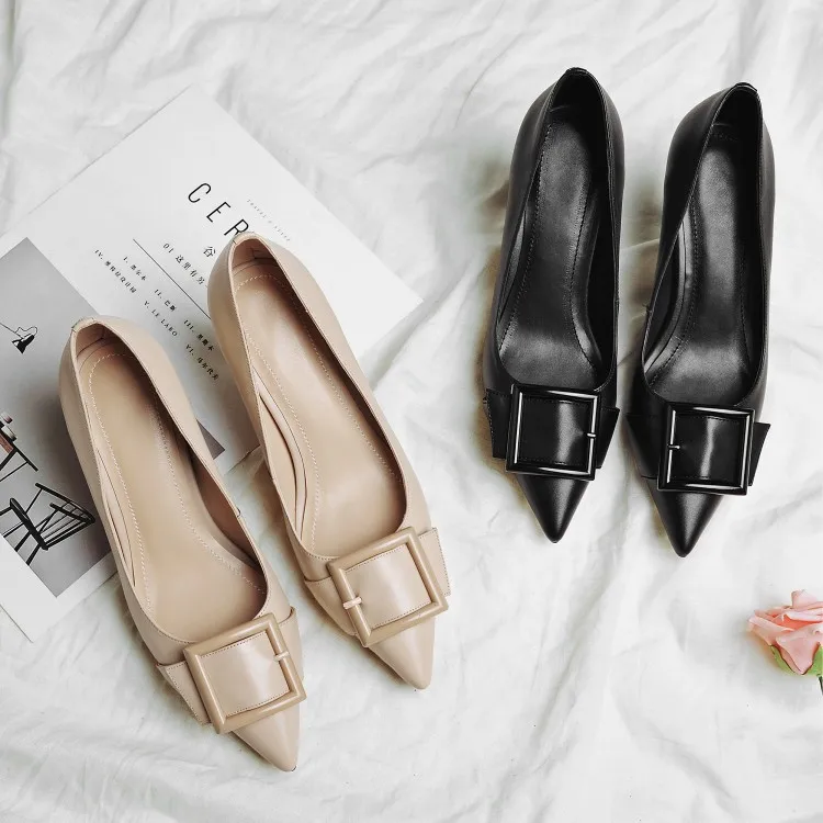 

Leather Shoes Women's Full-grain Leather Shallow Mouth Pointed Thin Heeled High Heel Shoes Square Buckle 2018 Spring And Autumn