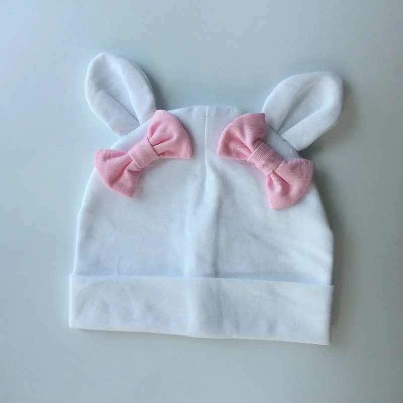 Baby Girl Hat Rabbit Ear Hat For Girls Cotton Bow Knot Children's Cap Toddler Kids Hats Cartoon Cute Baby Hats Bonnet - Цвет: whitepinkbow