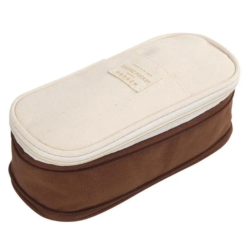 Canvas Pencil Case Large Capacity Double Zipper Stationery Women Makeup Bag - Цвет: Caramel