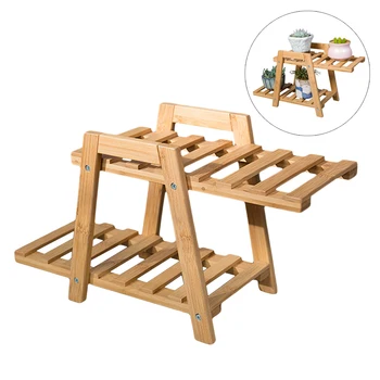

2 Layers Bamboo Plant Flower Pot Stand Display Rack Home Office Flower Pot Garden Backyard Desk Decoration Plants Holder