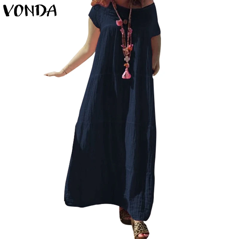 VONDA летнее платье с круглым вырезом и коротким рукавом, однотонные макси длинные платья, женские вечерние платья в богемном стиле, большие размеры