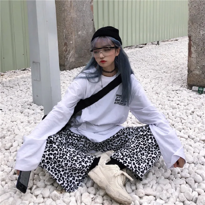 Harajuku Vintage Leopard Pants Women High Waist Loose Casual Wide Leg Pants Fashion Streetwear Grungr Style Hip Hop Pants Female
