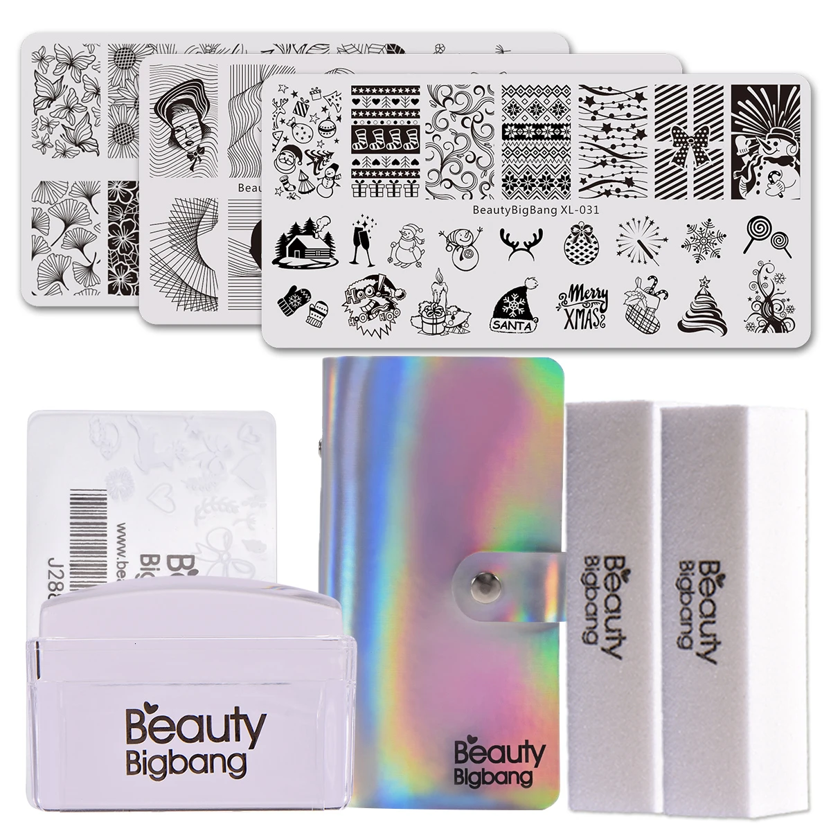 Набор пластин для стемпинга Beautybigbang 3 пластинки для ногтей+ штамп для ногтей+ шаблоны для стемпинга чехол+ белая пилка для ногтей формы для искусства наборы