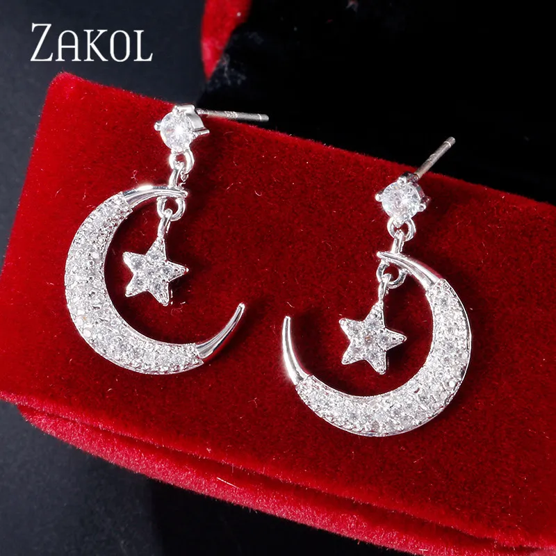 ZAKOL модные блестящие серьги-капли с кубическим цирконием и кристаллами в виде звезд и Луны для женщин, Свадебные вечерние ювелирные изделия FAEP088