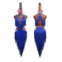 Cheap Shiny Rhinestone Latin Dance Dress Women High-end Custom Girl And Adult Female Blue Fringed Dance Dresses Competition Costumes Cheap Shiny Rhinestone Latin Dance Dress Women High-end Custom Girl And Adult Female Blue Fringed Dance Dresses Competition Costumes