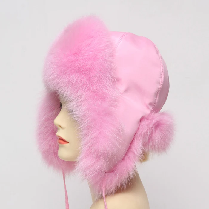 Hot Sale Genuine Fox Fur Hat Russian Women Real Fur Caps Bomber Hats 100%Natural Fox Fur Caps Fashion Fur Hat Retail wholesale - Цвет: pink