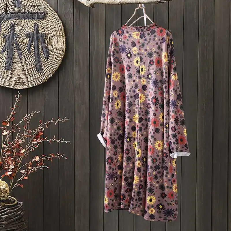 Blusas Top ZANZEA, Весенняя Повседневная Туника, топы, винтажные рубашки с v-образным вырезом, Vestido, женская блузка с длинным рукавом и цветочным принтом, Женская сорочка