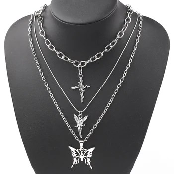

VA-77 Layers Hip Hop Cool Silver Color Cross Choker Necklaces For Women Simple Butterfly Angel Long Pendant Necklace Jewelry