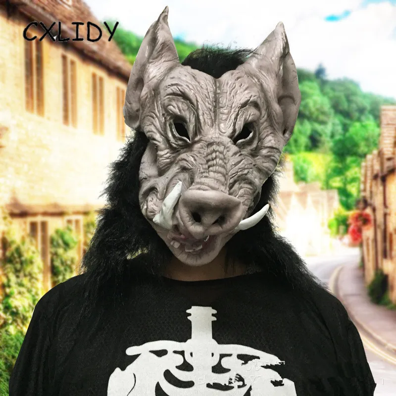 Wild Boar Head Mask Halloween Simulation Animal Mask lLatex Full Set Performance Show Scary Dress Up Props qq128 (3)