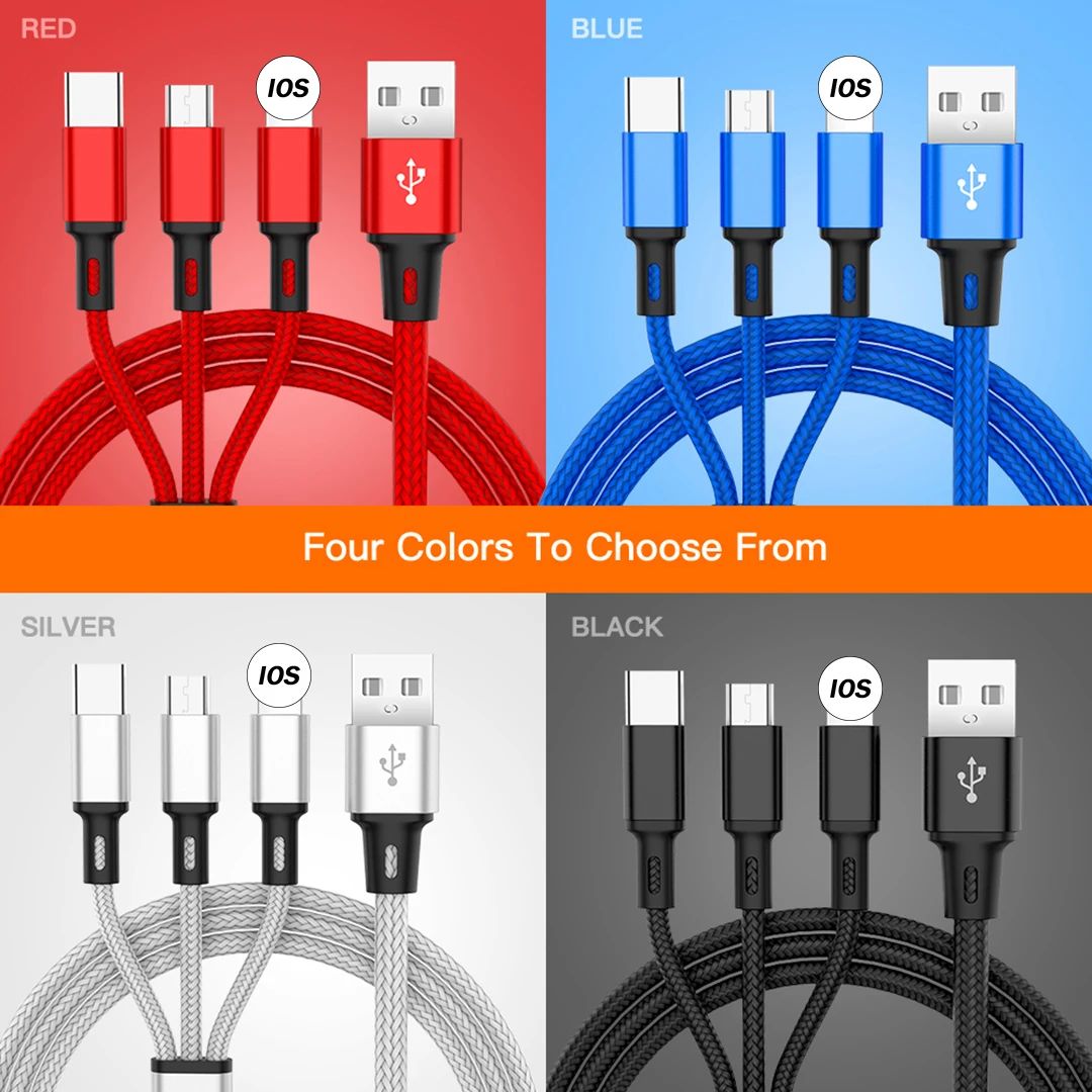 1,2 м 3 в 1 мульти-USB кабель для iPhone 11 X Xiaomi samsung Android мобильный телефон Micro usb type C 2.4A Быстрая зарядка шнур зарядного устройства