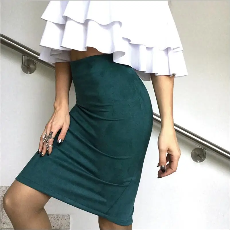 Dark Green Женские юбки замша Сплит Толстая юбка стрейч женские юбки карандаш размера плюс Jupe Femme Faldas Mujer - Цвет: Dark Green