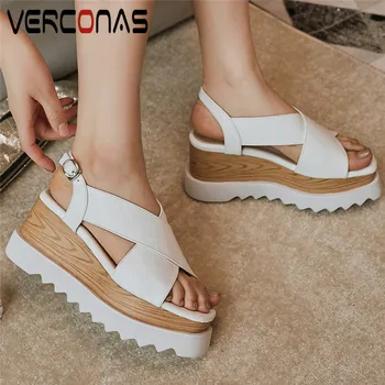 

VERCONAS Women Round Toe Top Quality Thick Bottom Increase Casual Shoes Genuine Leather Wild Sandals Thick Heels Shoes Woman