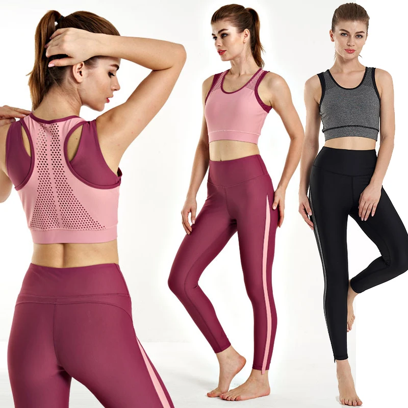 

2020 Women Yoga Suit Yoga Clothes Mesh Back Sweat-Absorbent Splice Tight Elastic Two-Piece Sports Fitness Gym Yoga Set Gymwear