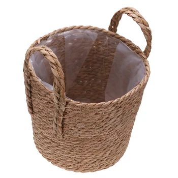 

Woven Linen Flowerpot Storage Basket Multipurpose Potted Container Double Thicken Handle Storage Bin Container (Light Brown)