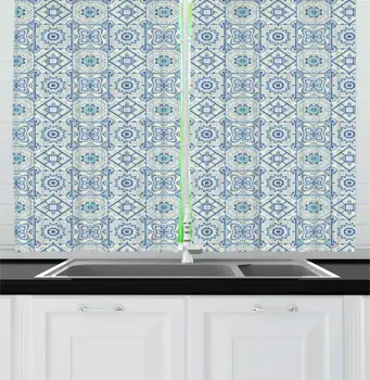 

Pale Blue Ivory Seafoam Arabesque Kitchen Curtains Ethnic Moroccan Mosaic Motif Bohemian Middle Eastern Culture Folk Window