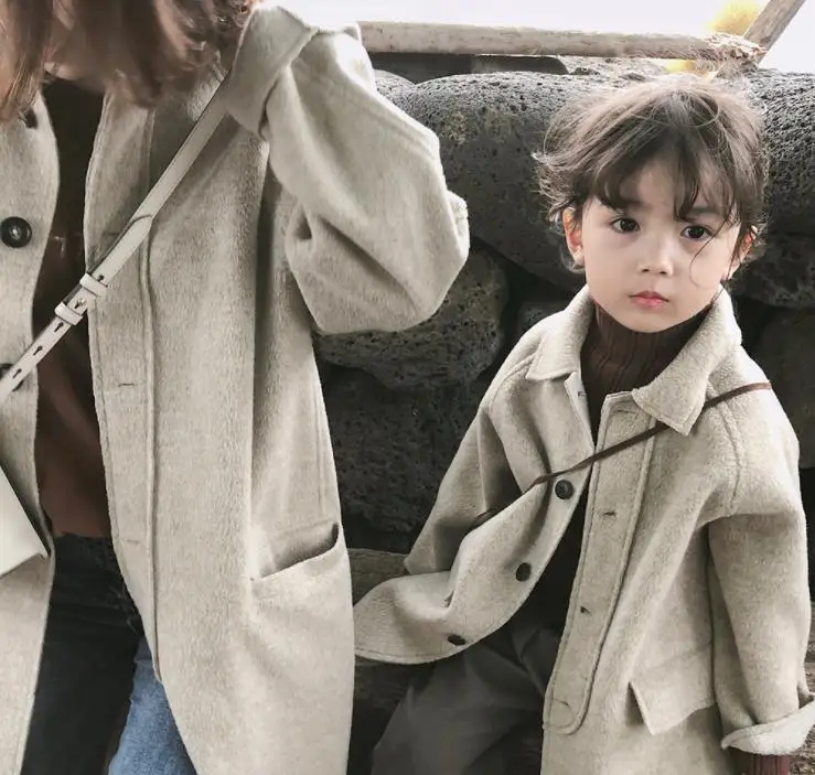 

2019 Solid Color Kids wool coat for girls autumn winter overcoat 3-10Years children long-length Windbreaker outerwear