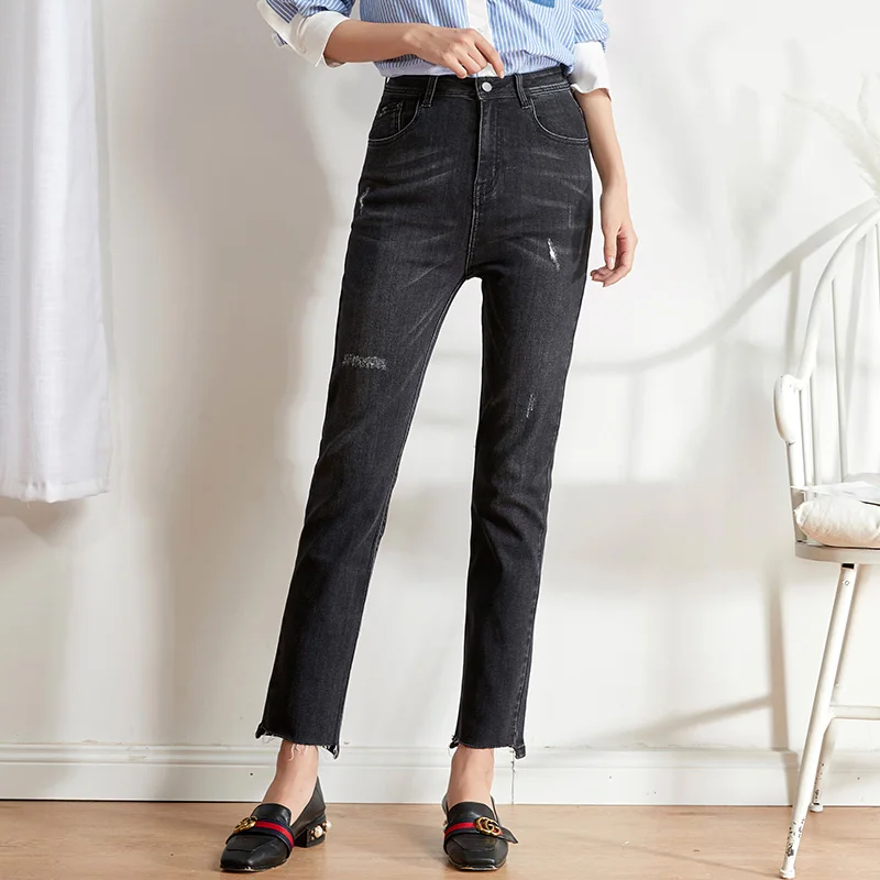 Женские свободные джинсы LEIJIJEANS, черные прямые джинсовые брюки с потертостями и дырками, новая повседневная модель 9209 большого размера - Цвет: dark grey 9209