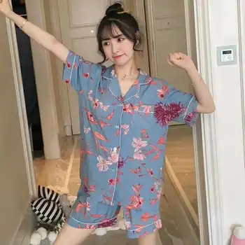 

Women's Spring Cotton Print Pajamas Cardigan Short Sleeve Shorts Home Service Two-Piece Set pijama feminino woman clothes