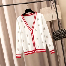 Модный дизайнерский кардиган с вышивкой пчелы осенний Женский вязаный свитер пальто с v-образным вырезом однобортная верхняя одежда женские кардиганы