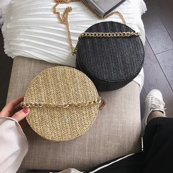 

women summer beach cross-body bags purse chain Handmade Woven Beach Circle solid color Shoulder Bag New Fashion tassen dames#g30