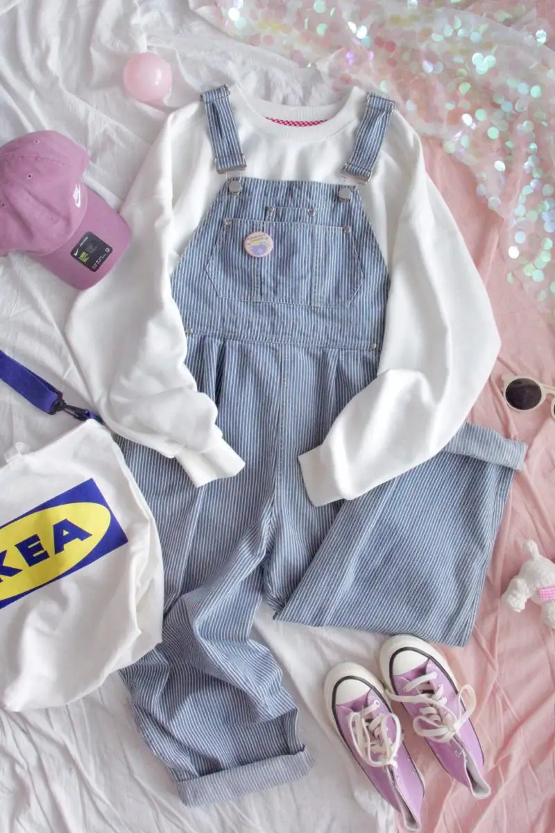 Women Spring New Striped Denim Jumpsuits Girls Loose Trousers Korean Students Wild Harajuku Overalls Straight pants Mori Girl Women Spring New Striped Denim Jumpsuits Girls Loose Trousers Korean Students Wild Harajuku Overalls Straight pants Mori Girl