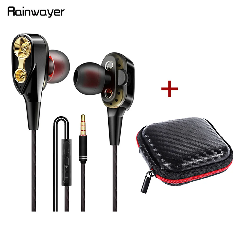 Auriculares deportivos de graves altos con cable, auriculares intrauditivos estéreo de doble unidad con micrófono para teléfono