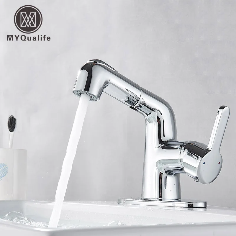 

Chrome Bathroom Faucets Pull Out Bath Basin Faucet Basin Mixer Taps Deck Mounted Two Nozzle Mode Mixing Hot And Cold Water