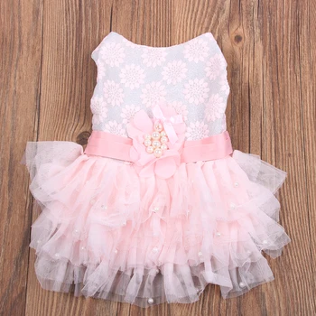 

New Princess Dog Dress Tutu Flowers Pearls Lace Skirt Design Pet Puppy Tutu Spring/Summer Apparel 2 Colours 4 Sizes