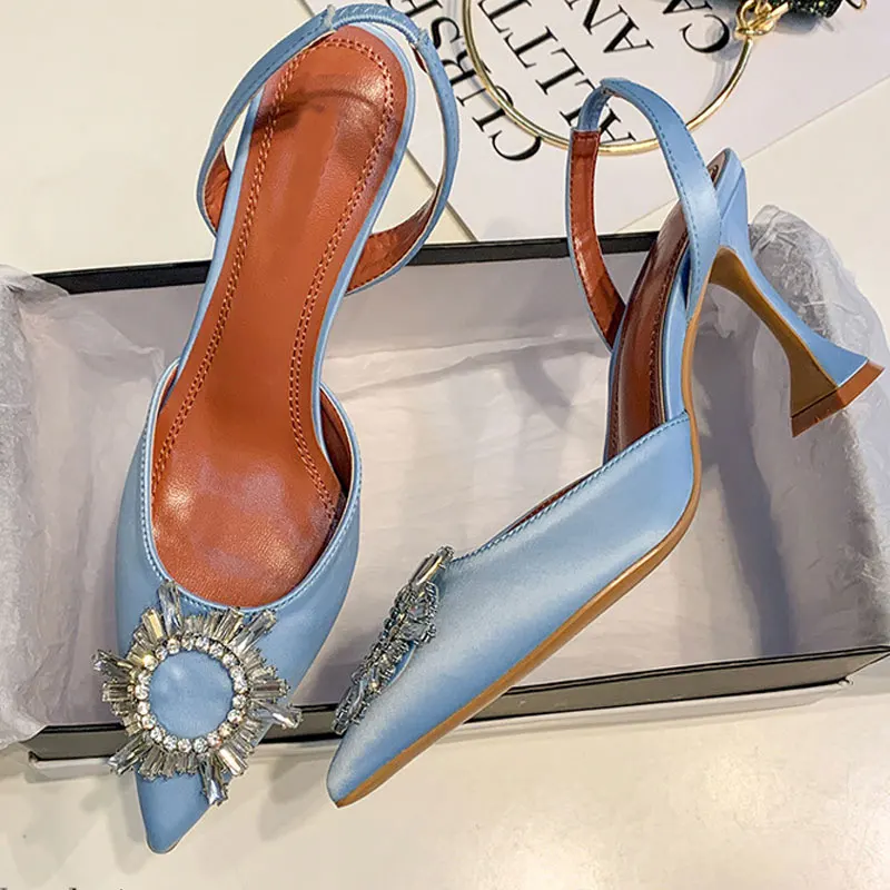 Big Size 41 42 Blue Women Pumps Silk Satin Pointy Toe Rhinestone Crystal High Heels Shoes Slip On Women Wedding Pumps Sandal 5