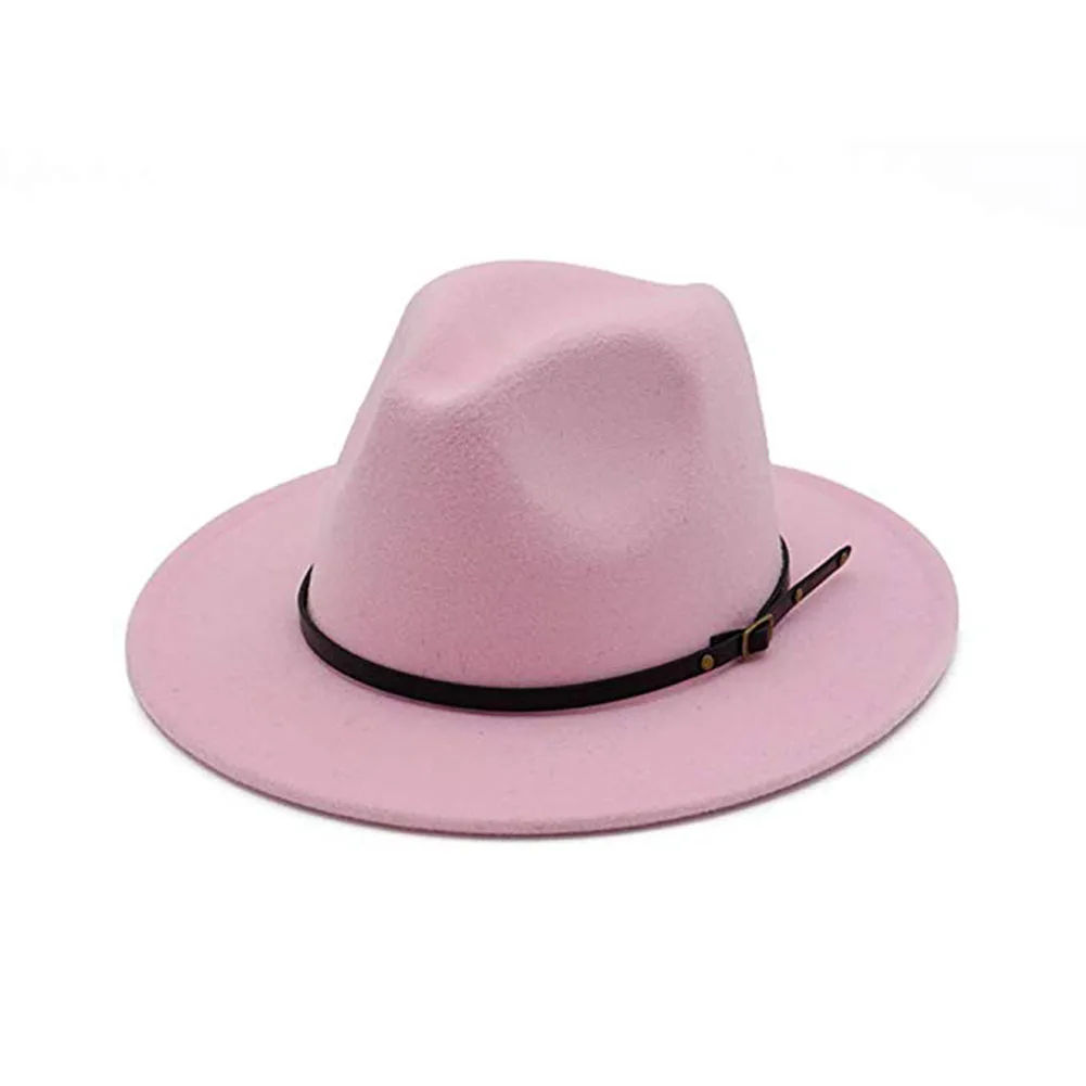 Винтажная одноцветная фетровая шляпа-котелок с широкими полями Fedora, зимняя женская кепка - Цвет: Розовый
