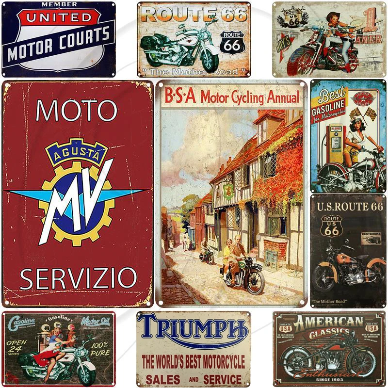 Route 66 мотоцикл постер винтажный потертый американский стиль жестяная вывеска