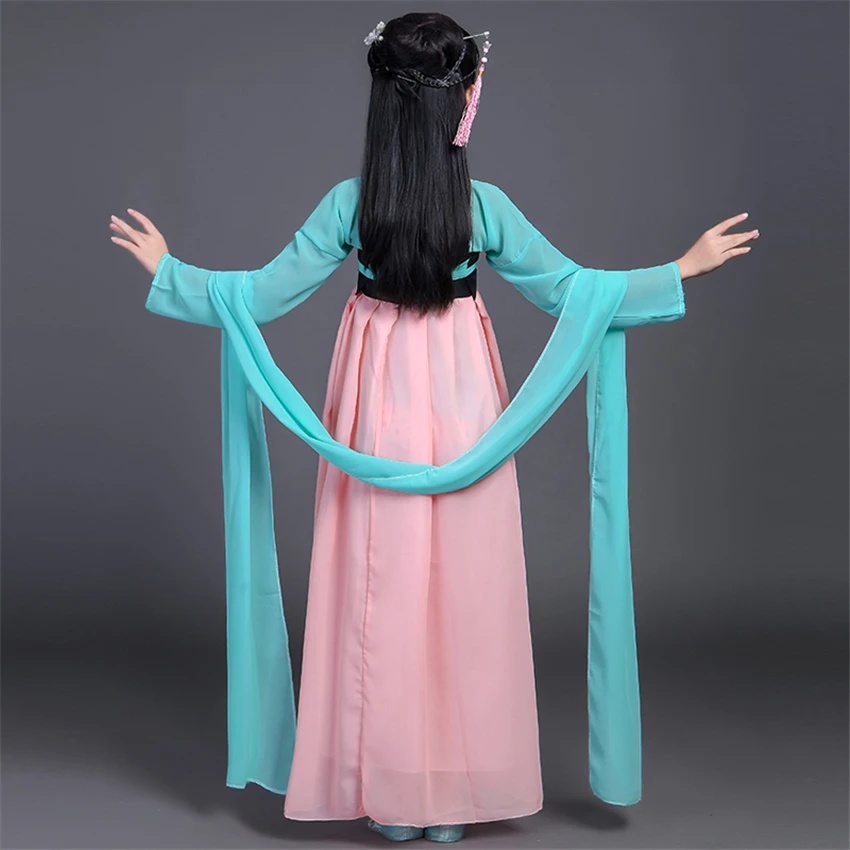 Костюм для китайского традиционного танца, женские костюмы династии Цин, платье для выступлений, древняя фея, ханьфу, для девочек, новогодний принт, Танга