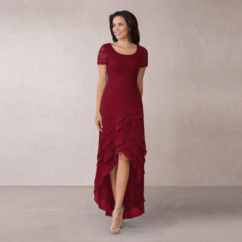 

New Charming Red High Low Lace Jewel Neck Mother of the Bride Dresses Short Sleeves Tiered Skirt Wedding Guest Gowns Hi-Lo