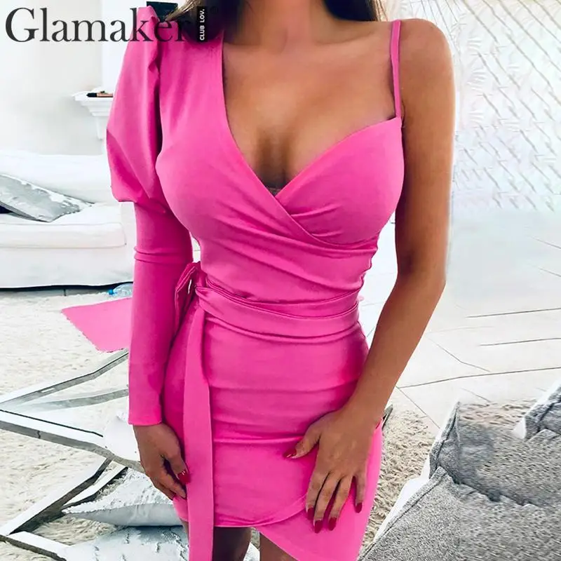 Rose Red Glamaker, трикотажное сексуальное платье на одно плечо с v-образным вырезом, женское элегантное платье с длинным рукавом-фонариком и поясом, женское осенне-зимнее мини-платье для вечеринки - Цвет: Rose Red