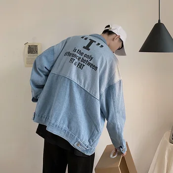 

2019 Spring And Autumn New Youth Simple Letter Print Loose Fashion Casual Denim Jacket Coat Tide Dark Gray / Blue M-XL